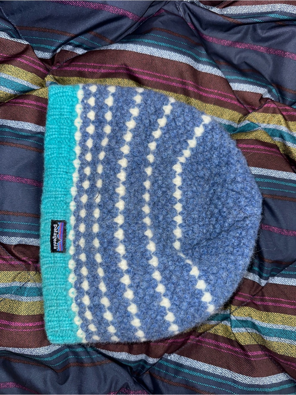 Patagonia Blue and Teal Knit Beanie with White Dots - for a smaller sized head